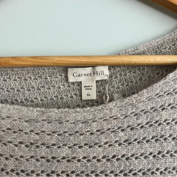 Garnet Hill Cashmere NWT Gray Sweater XL Pointelle Open Knit 3/4 Sleeves